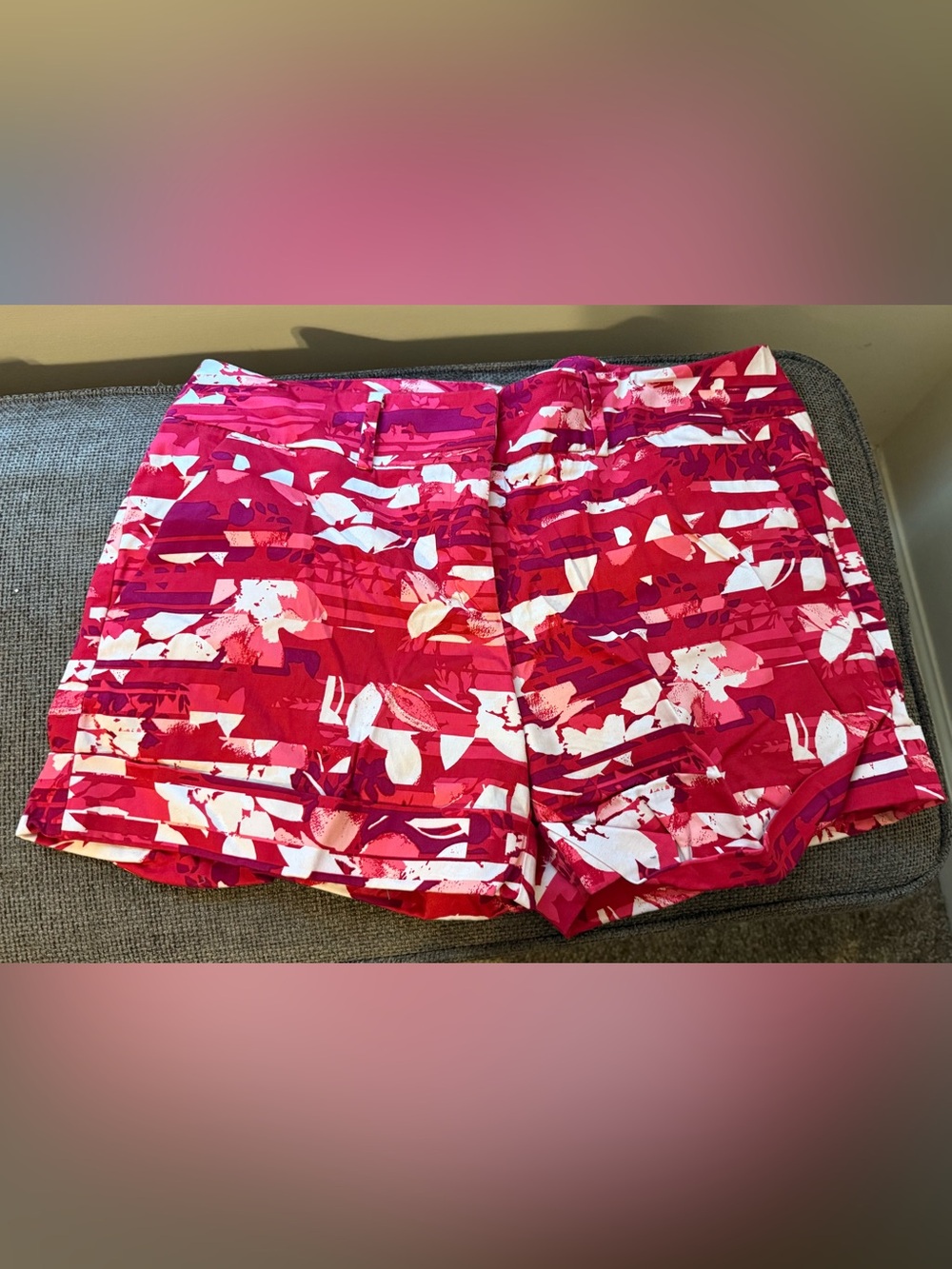 New York & Company Red and White Abstract Floral Bermuda Shorts